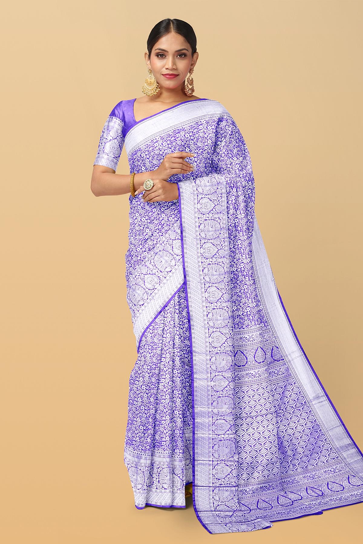 LIGHT PURPLE and SILVER FLORAL JAAL SILK BLEND Saree with SEMI PATTU