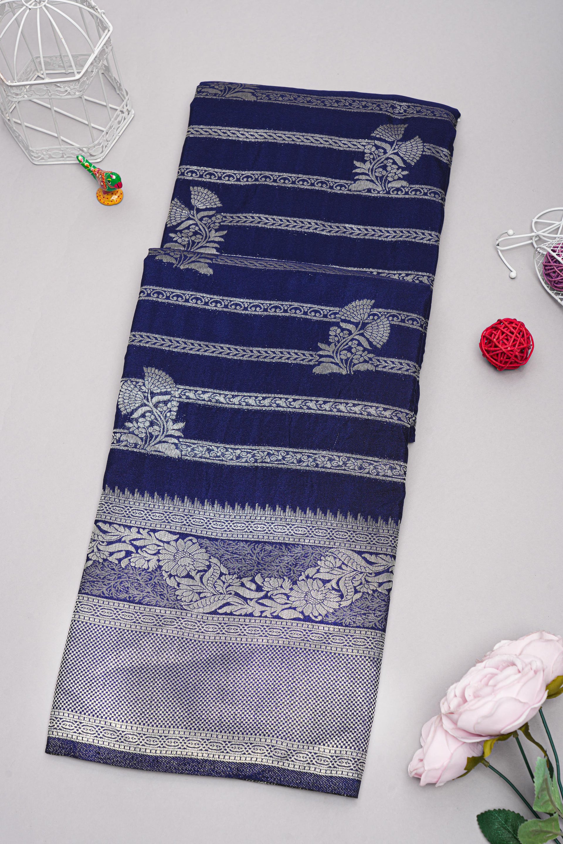 NAVY BLUE and GOLD FLORALS SILK Saree with FANCY