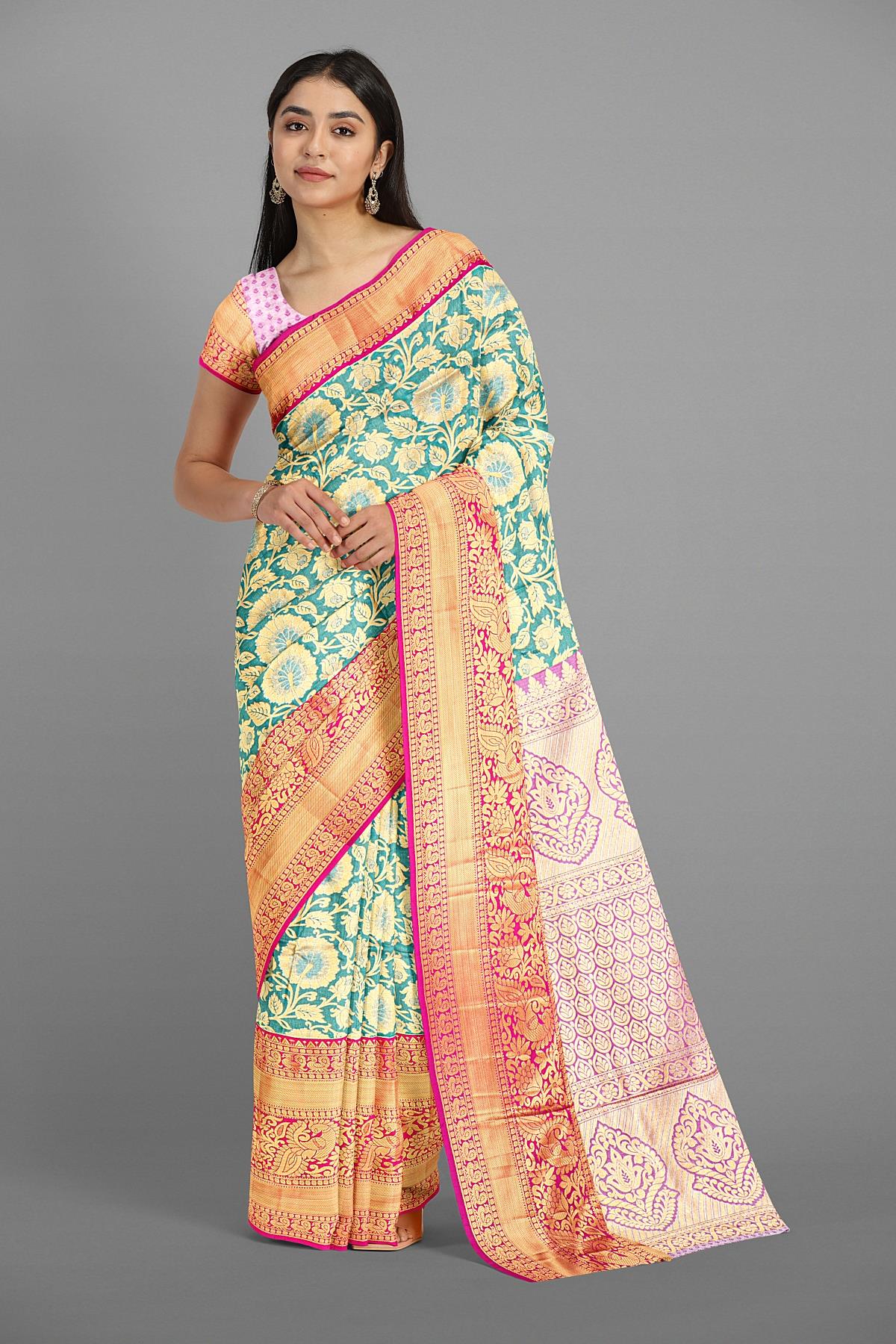 GREEN and PINK FLORAL JAAL SILK BLEND Saree with SEMI PATTU