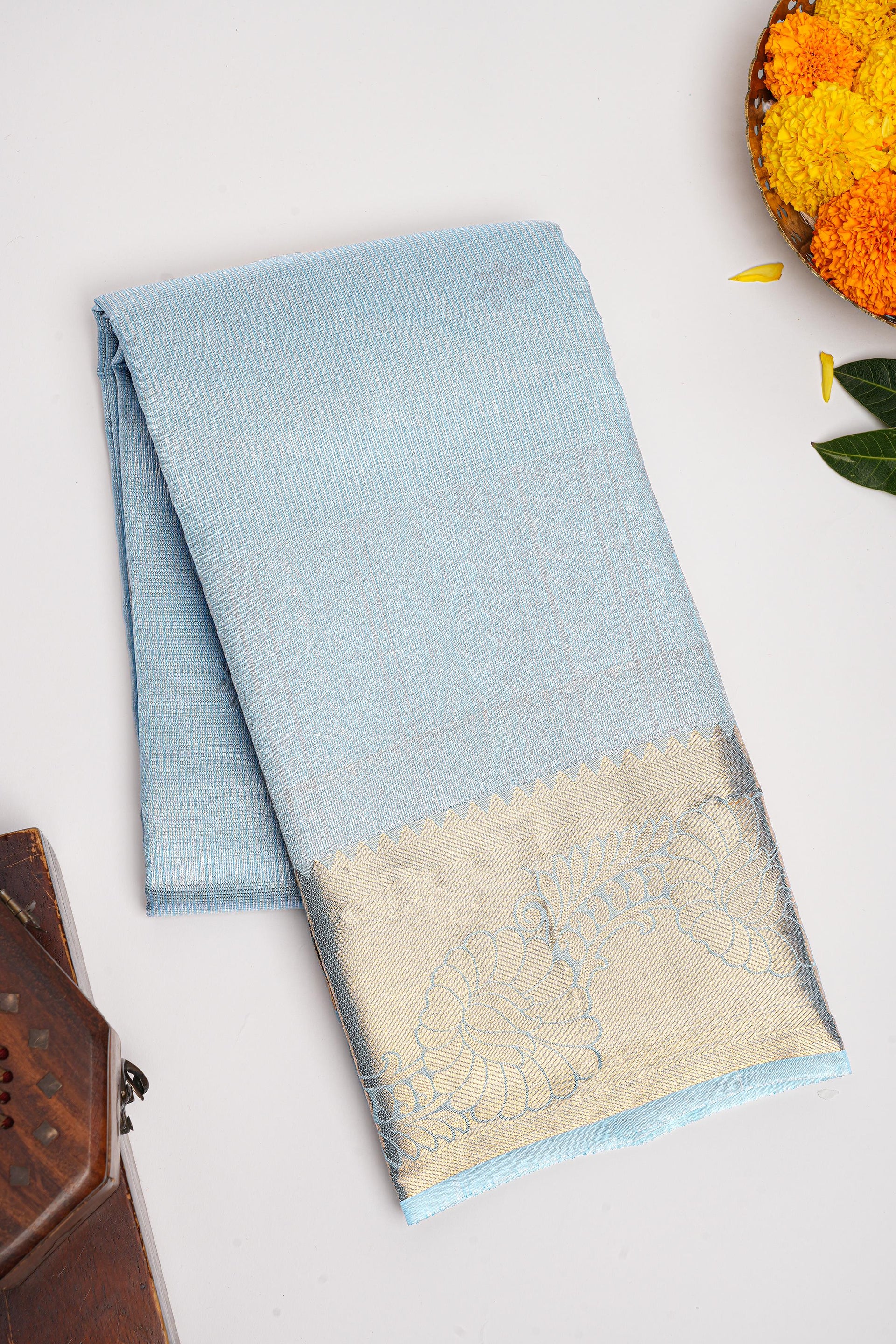 SKY BLUE and GOLD BUTTIS SILK BLEND Saree with SEMI PATTU