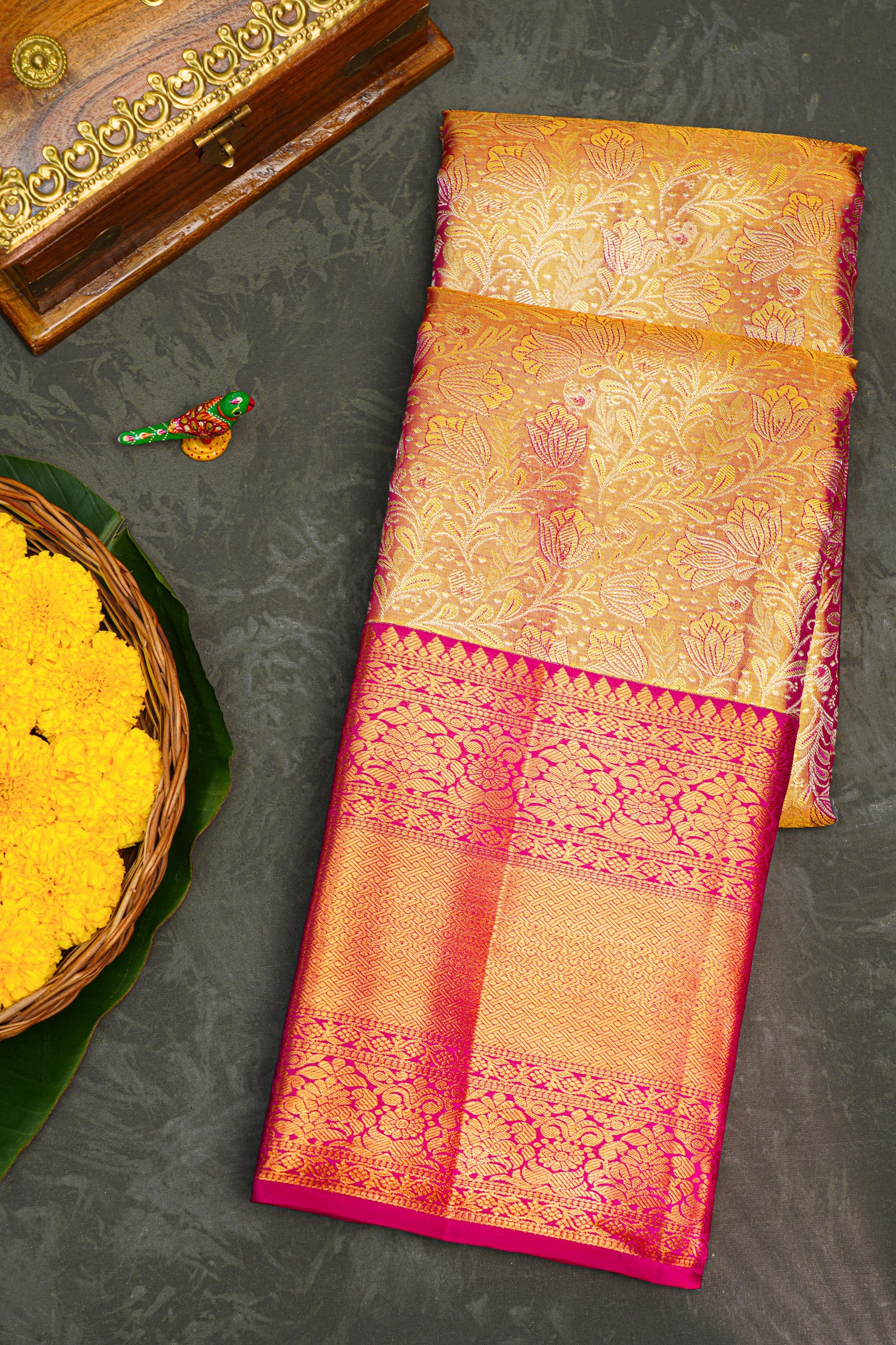 GOLD PINK and PINK FLORAL JAAL SILK Saree with KANCHIPURAM