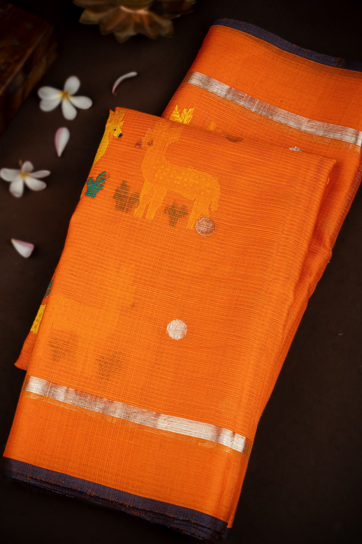 Zari Kota Cotton Deer Motifs Orange Saree