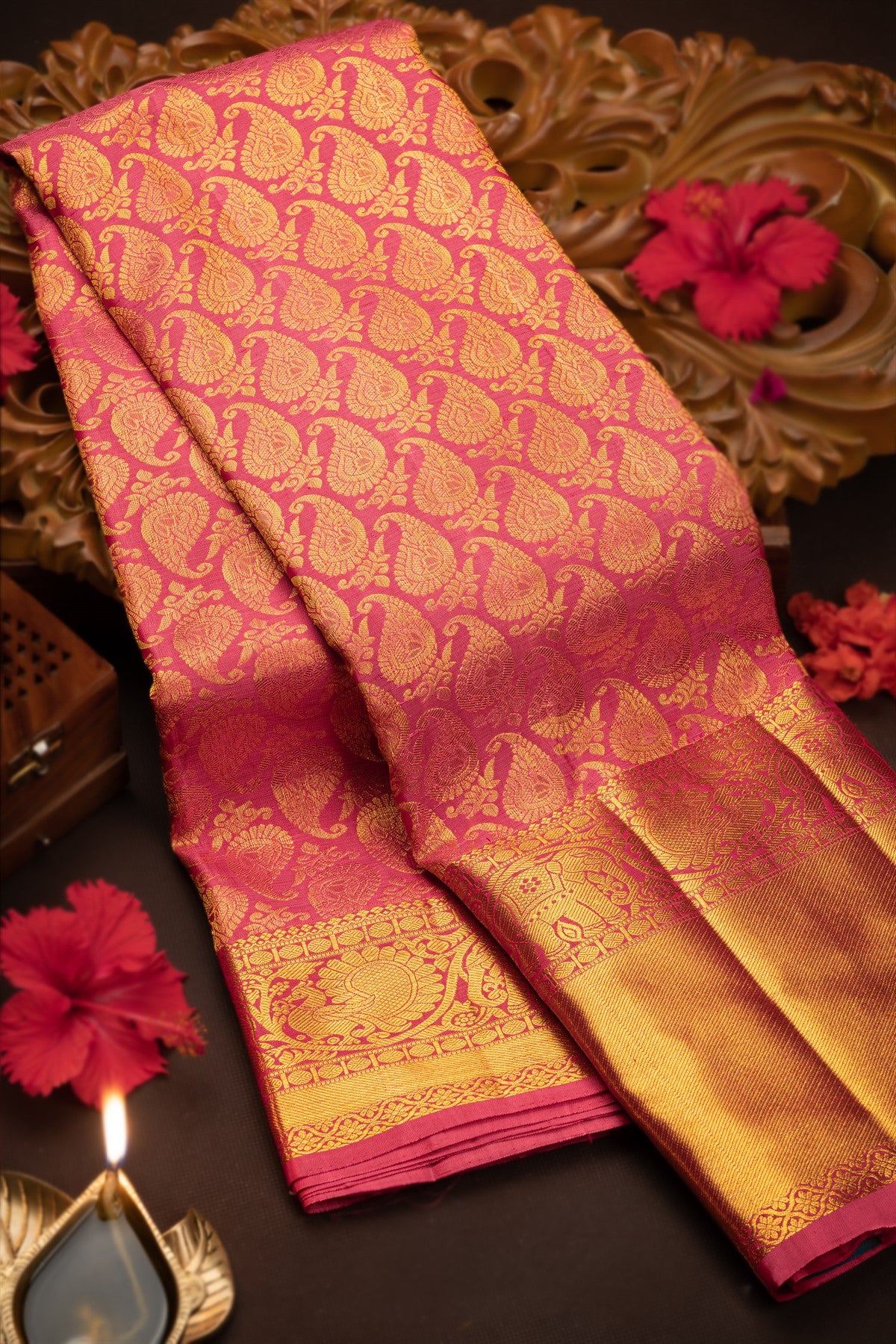 Kancheepuram Silk Buttis Watermelon Pink Saree