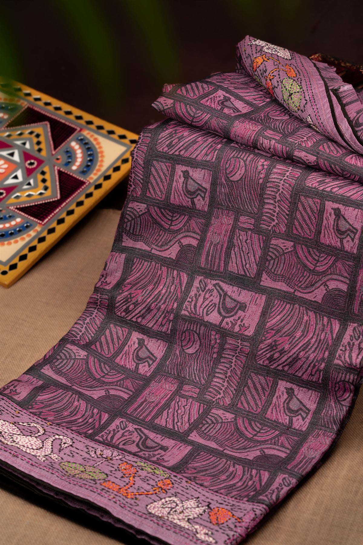 Fancy Tussar Printed Kantha Work Lavender Saree