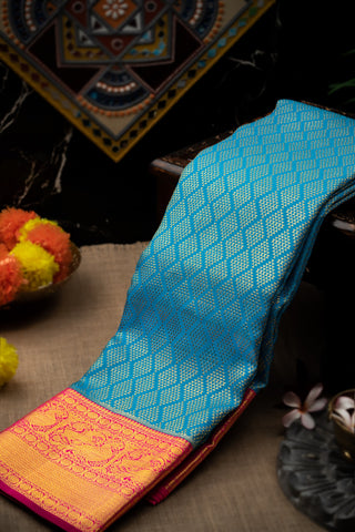 Kancheepuram Silk Geometric Designs Blue Saree