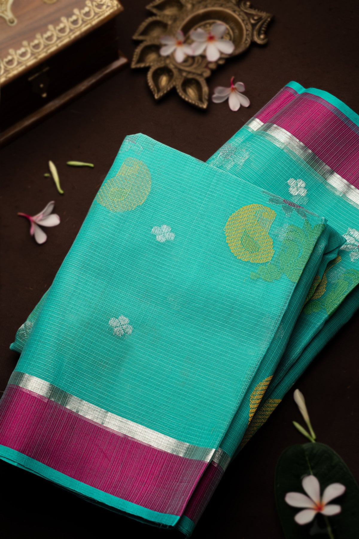 Zari Kota Cotton Buttis Sea Blue Saree