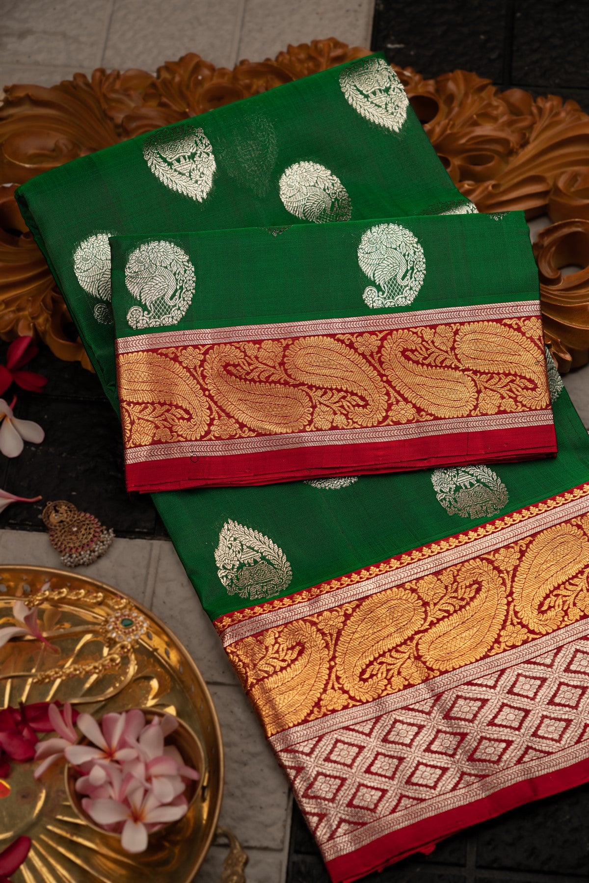 Venkatagiri Silk Buttis Dark Green Saree