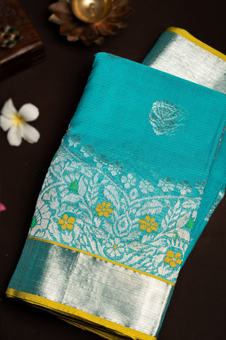 Zari Kota Cotton Floral Buttis Sea Blue Saree