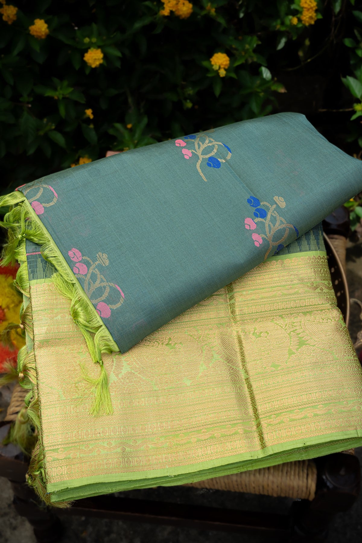 Kuppadam Silk Pista Green And Grey Saree