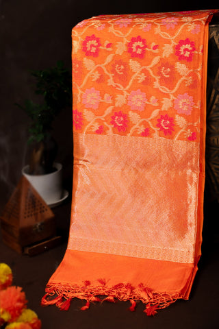 Designer Kora Saffron Saree With Floral Jaal