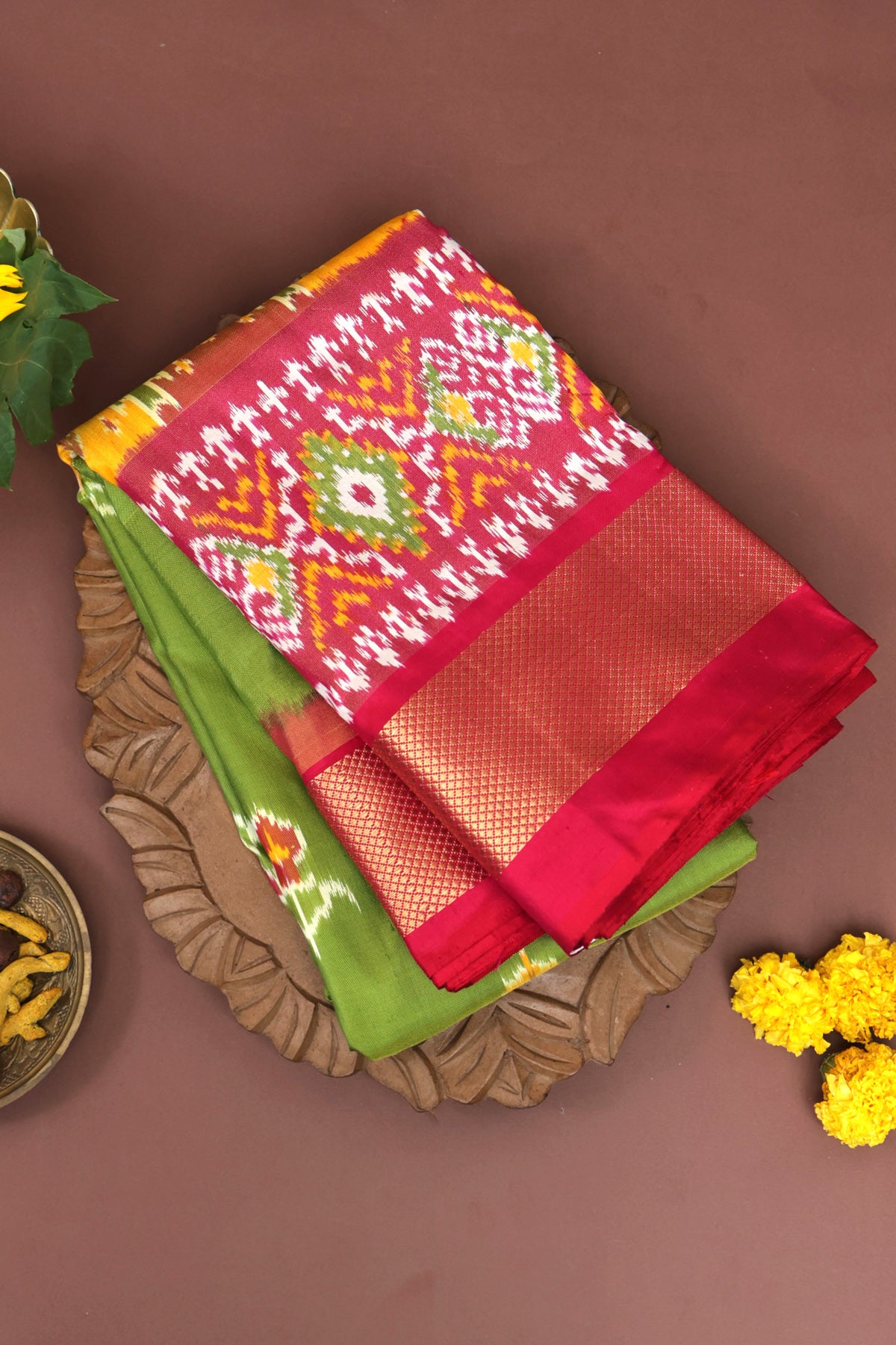 Ikkat Silk Parrot Green Saree