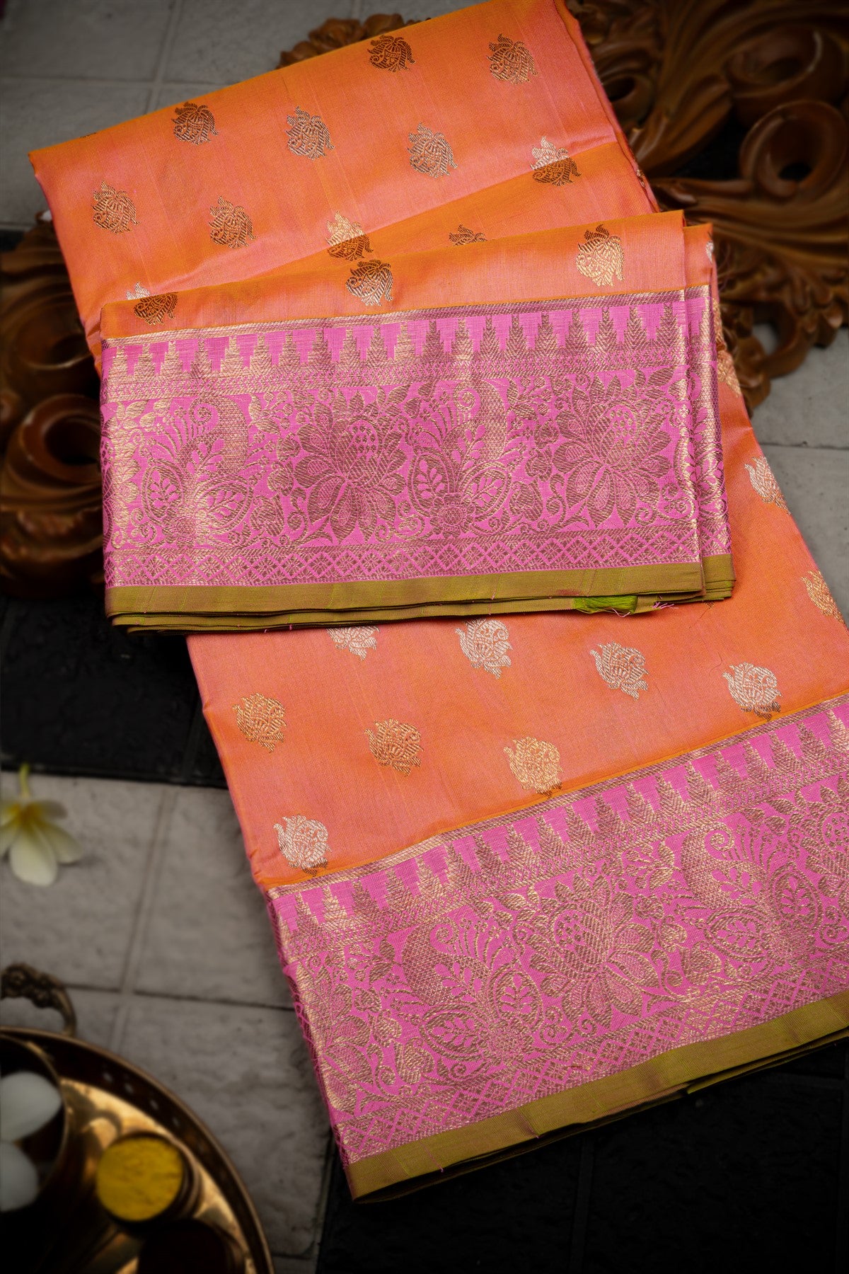 Uppada Silk Paisley Buttis Peach Saree