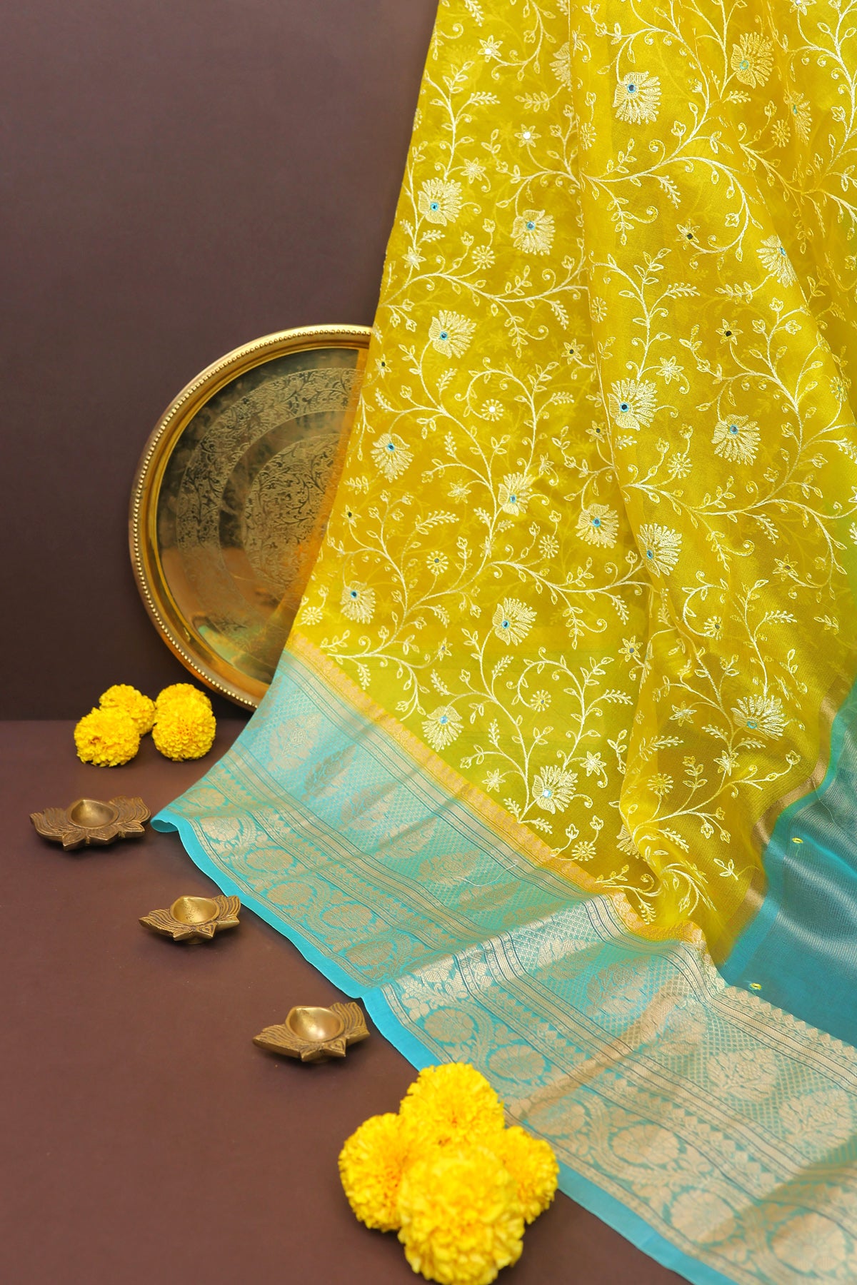 Designer Kora Yellow Saree