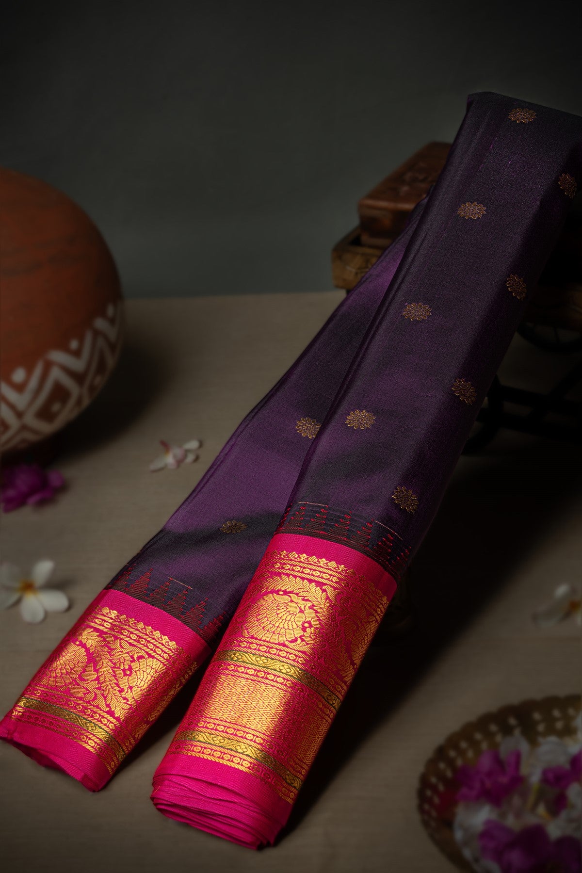 Gadwal Silk Buttis Wine Saree