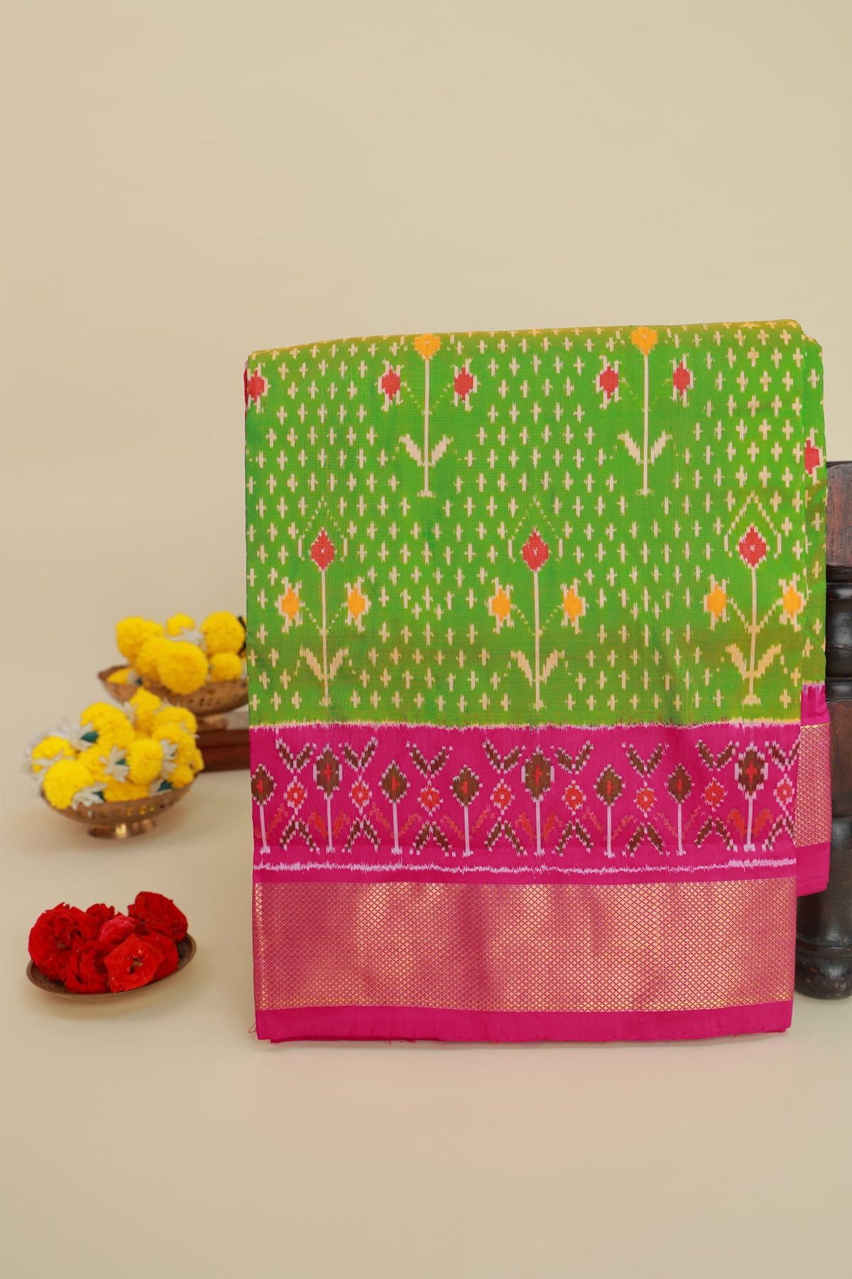 Ikat Silk Parrot Green Saree