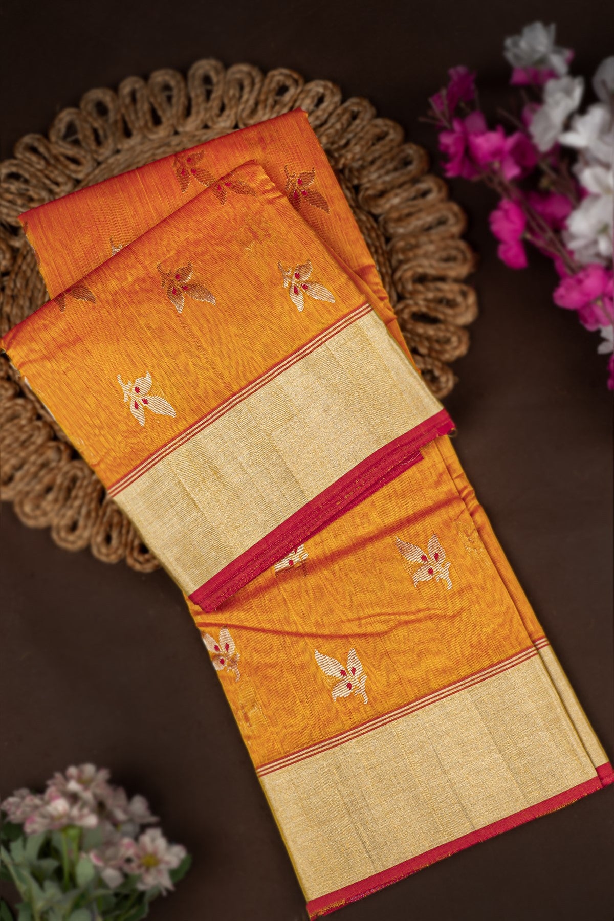 Mandir Tangy Orange & Pink Chanderi Buttis Saree