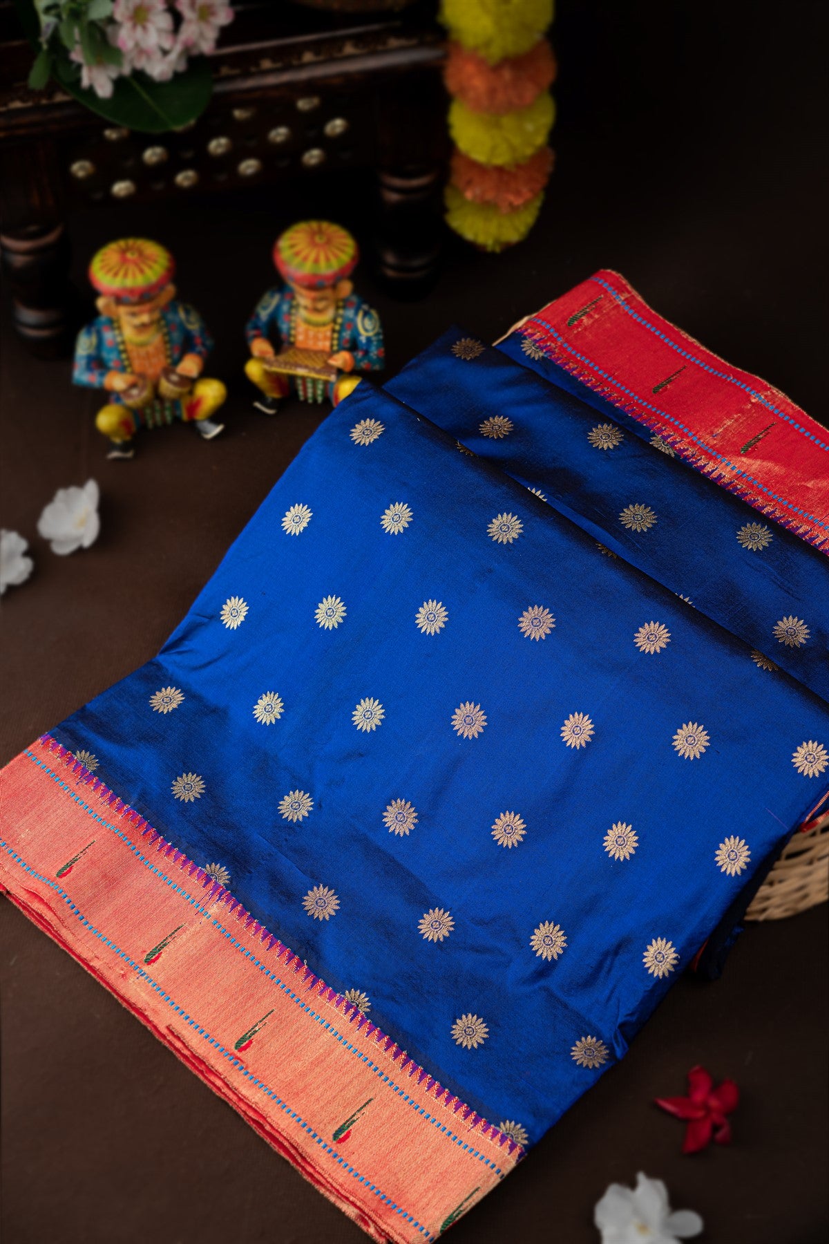 Mandir Royal Blue & Red Paithani Buttis Saree