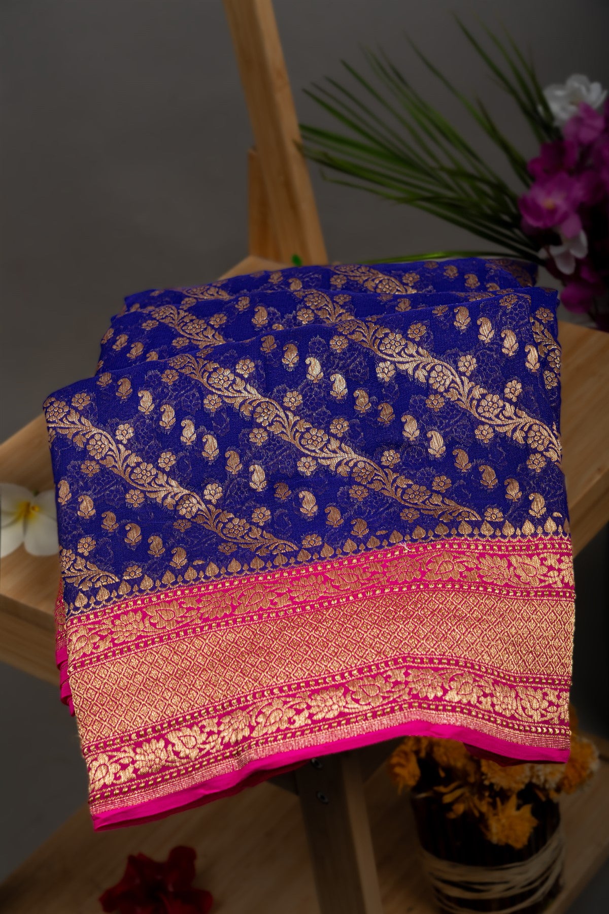 Mandir Royal Blue & Pink Banarasi Jaal Saree