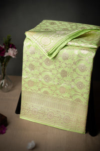 Mandir Pista Green & Silver Banarasi Jaal Saree