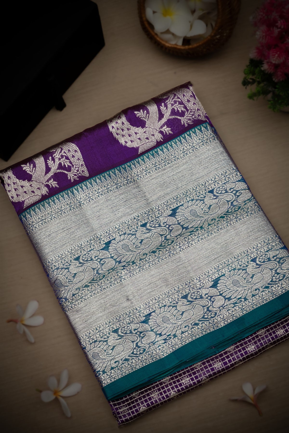 Mandir Violet & Silver Venkatagiri Checks Saree