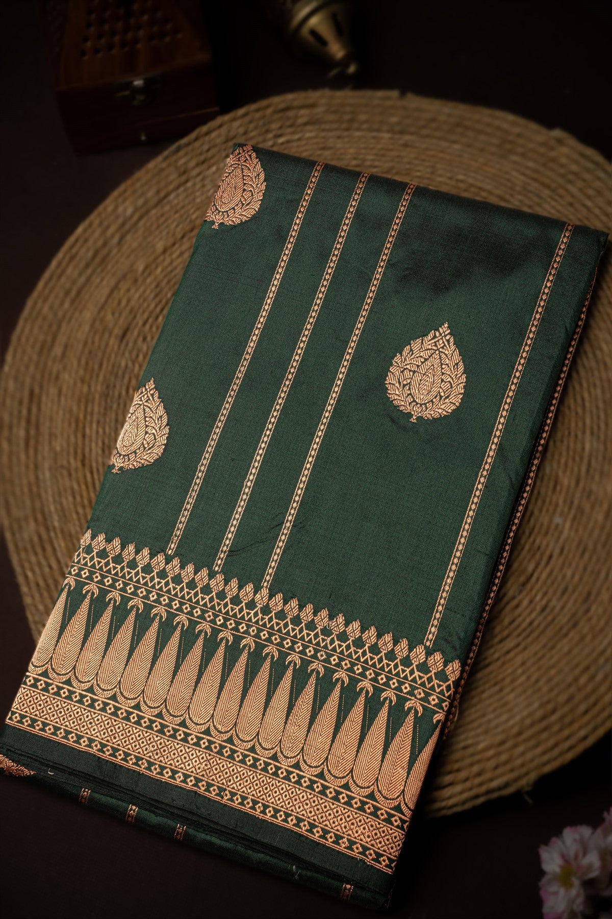 Mandir Bottle Green & Copper Banarasi Motifs Saree