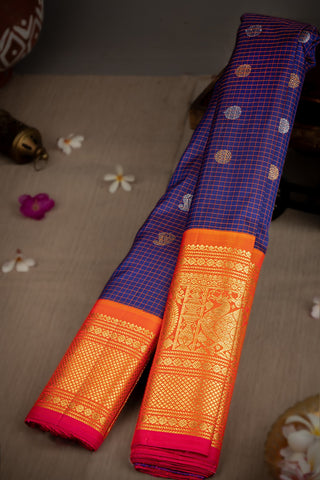Varamahalakshmi Royal Blue & Orange Gadwal Checks And Buttis Saree