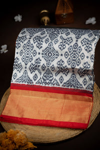 Mandir Dark Grey & Red Kanchi Ikat Ikat Saree