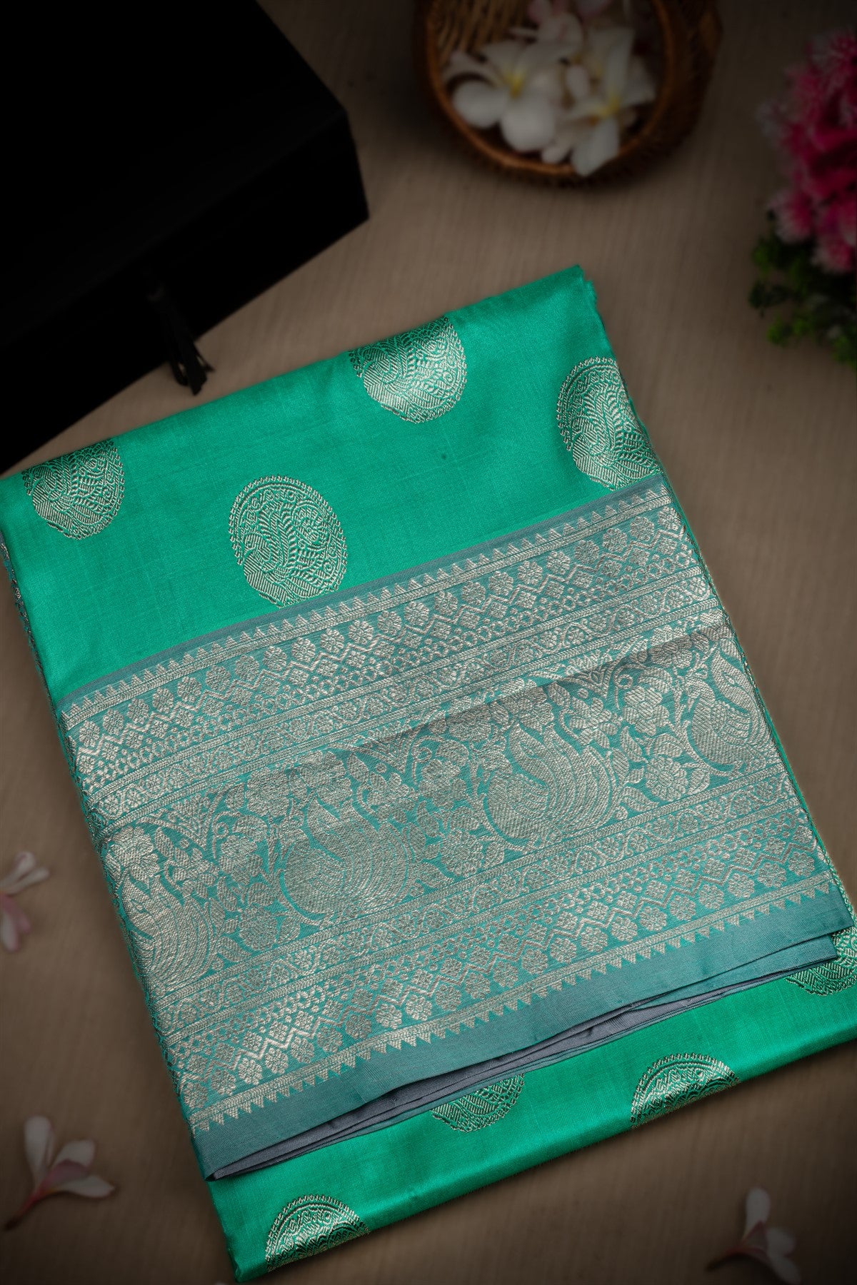 Mandir Sea Green & Light Grey Venkatagiri Motifs Saree