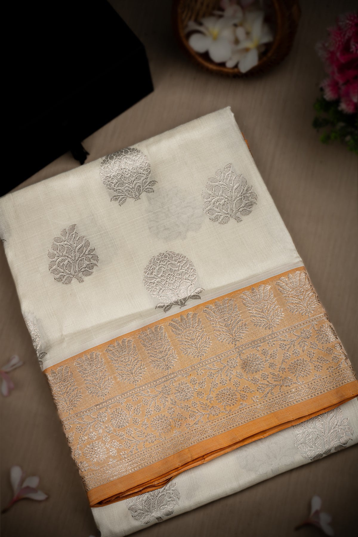 Mandir Off White & Mustard Venkatagiri Motifs Saree